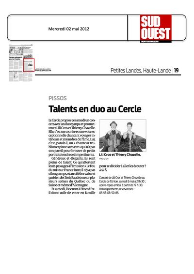Sud Ouest, 2 mai 2012